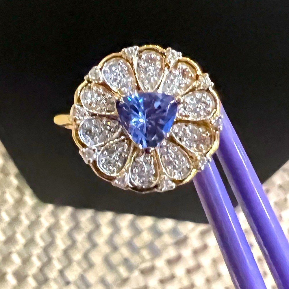 Tanzanite 
Natural White Zircon Floral Ring in Vermeil Yellow